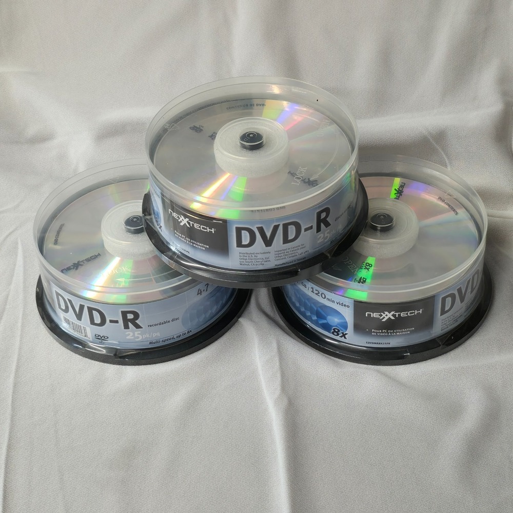 3- Nexxtech DVD-R 25 Packs‎ 8X 4.7GB/120 Min Video Recordable Disc New Sealed